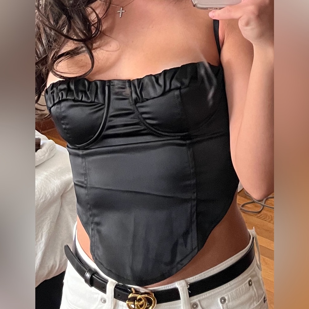 White Fox Black Satin Bustier Top